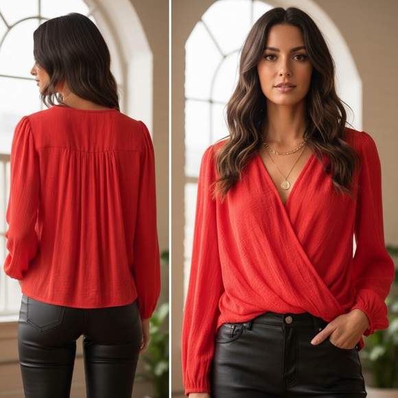 Free People Tops - NEW FREE PEOPLE LADY LUCK RED ORANGE DRAPEY WRAP PLUNGE V-NECK BLOUSE SMALL HOT!